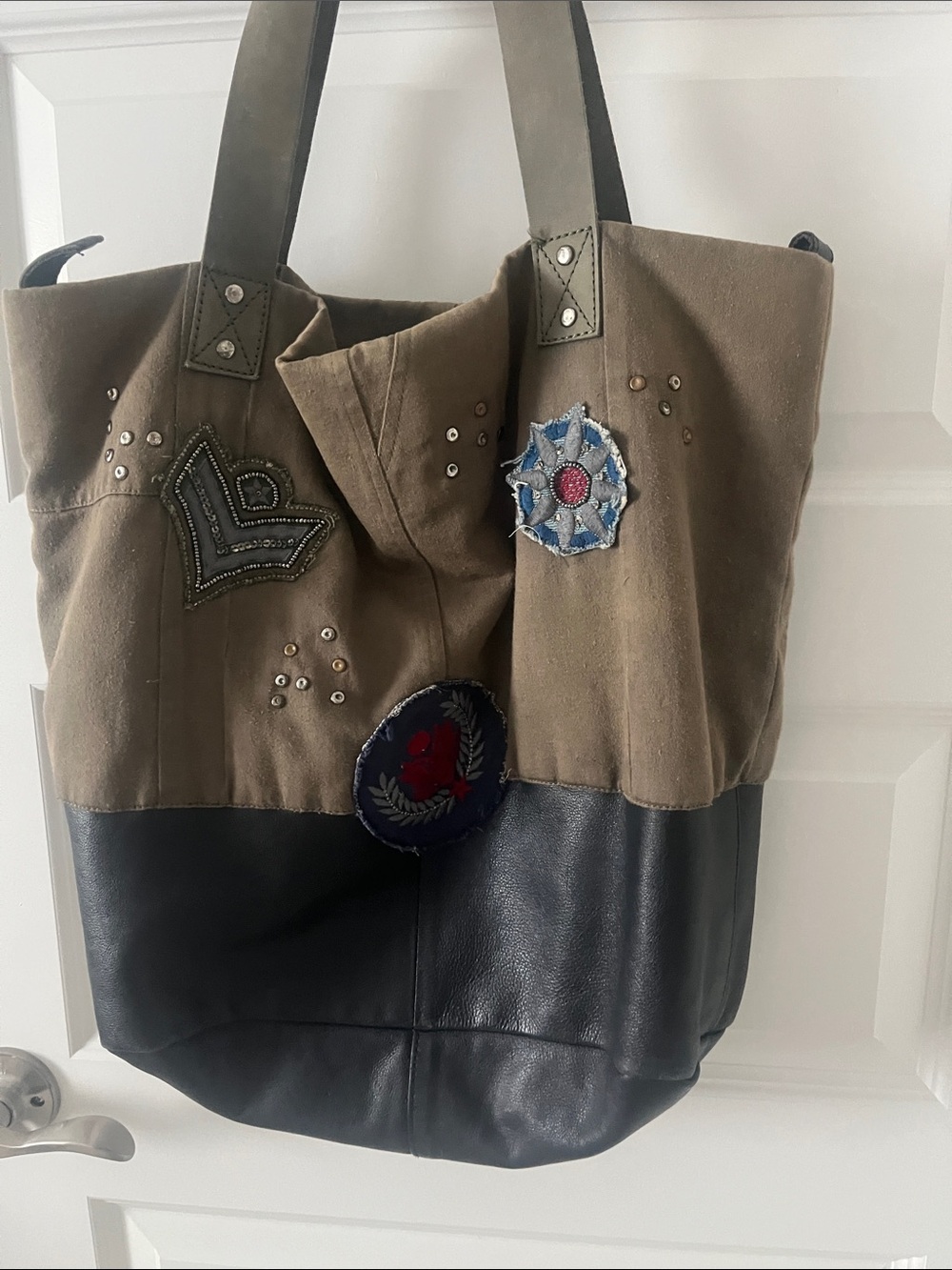 Free People Khaki and Black Patchwork Tote with Embroidered Patches - Picture 2 of 12